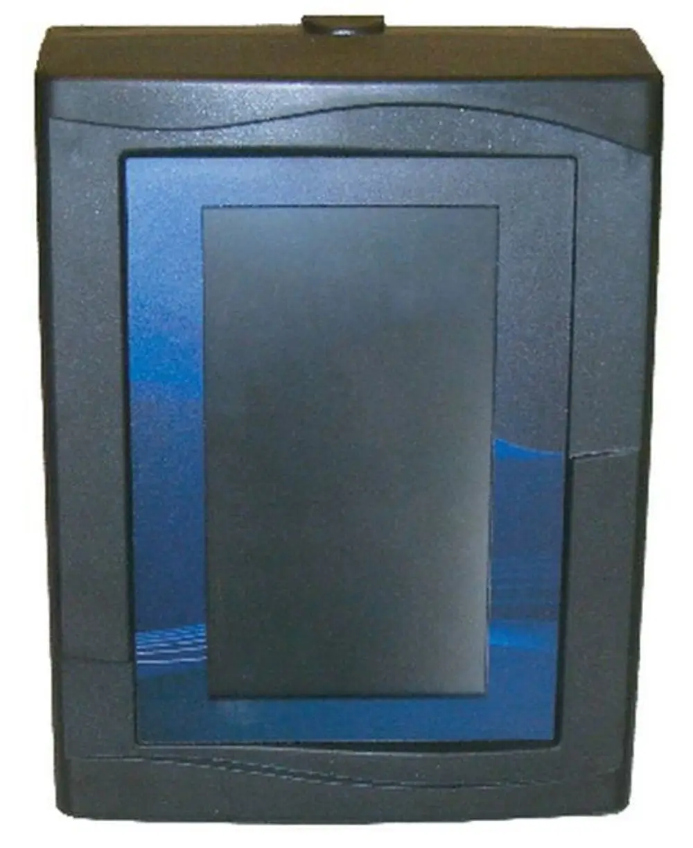 Schwarzes Steuergerät mit blauer Frontseite und flacher Oberfläche, vermutlich von Syr, zur Steuerung eines Verbindungssystems.